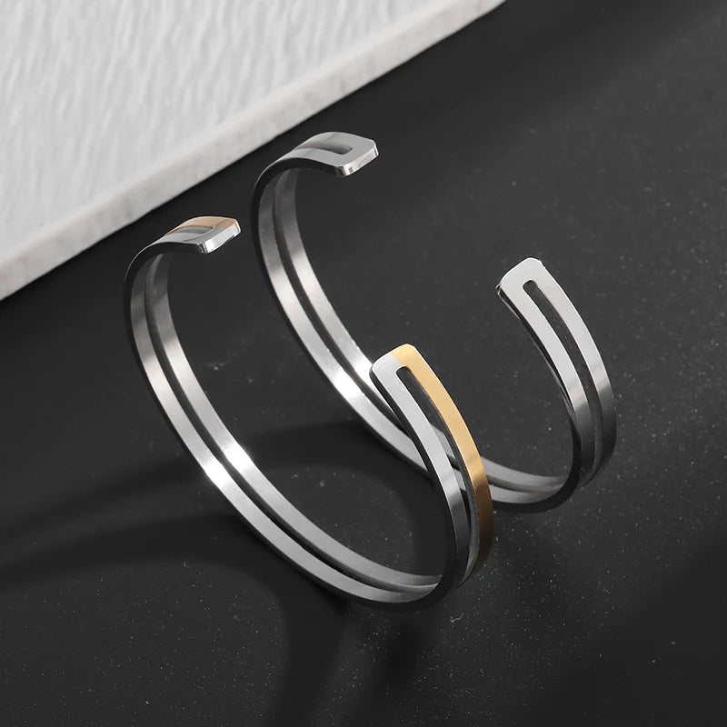 High-Quality Double-Layer Glossy Simple Titanium Steel Open Bracelet Men's and Women's Two-Color Cuff Bracelet Couple Jewelry