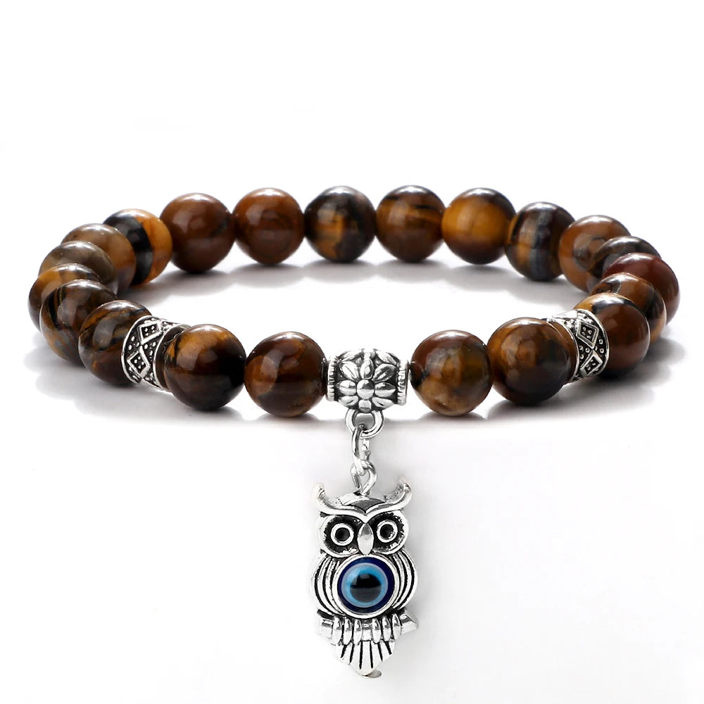 6 8mm Chakra Beads Men Bracelets Charm Owl Evil Eye Pendant Classic Tiger Eye Stone Agate Quartz Malachite Women Yoga Jewelry
