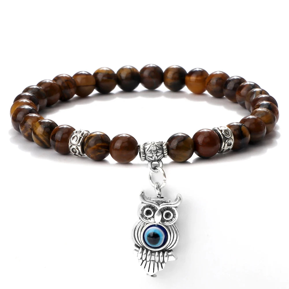 6 8mm Chakra Beads Men Bracelets Charm Owl Evil Eye Pendant Classic Tiger Eye Stone Agate Quartz Malachite Women Yoga Jewelry