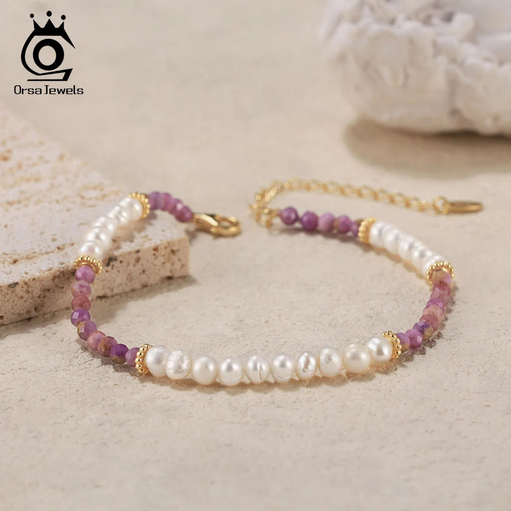 ORSA JEWELS 14K Gold 925 Sterling Silver Purple Mica Chain Bracelet with Exquisite Natural Pearl for Women Jewelry MPB02