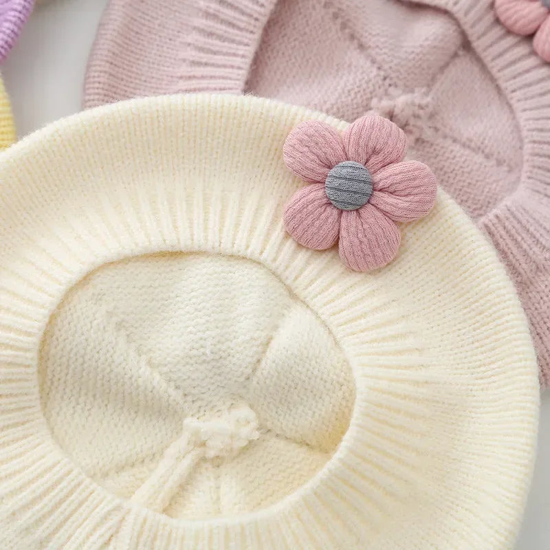 Baby Floral Beret Hat Knitted Woolen Beanie Hat Autumn Winter Warm Artist Painter Cap Princess Style Kids Girls Flower Beret Hat