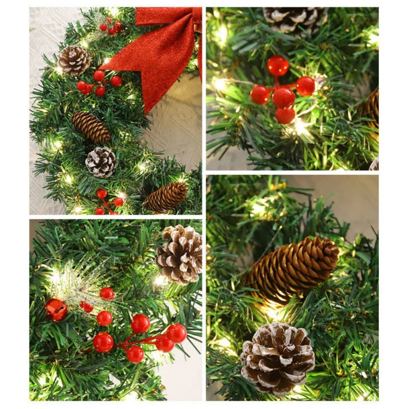 40/50/60cm LED Lights Rattan Vine Pine Cone Christmas Wreath New Year Xmas Garlands for Door Windows Wall Hanging Decor