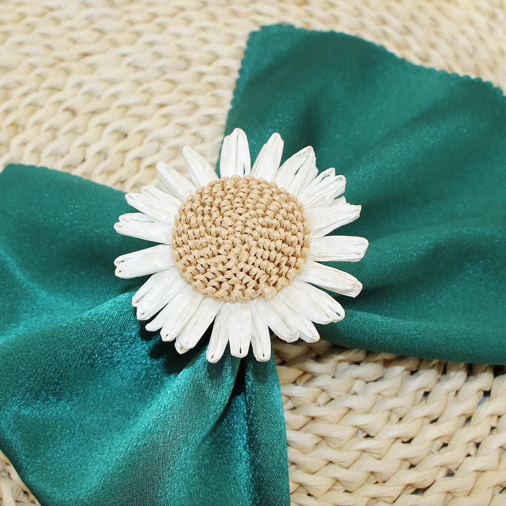 8PCS Sunflower Napkin Ring Raffia Handmade Daisy Flower Napkin Holder for Valentine Wedding Thanksgiving Party Table Decor HWF77