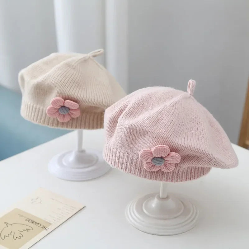 Baby Floral Beret Hat Knitted Woolen Beanie Hat Autumn Winter Warm Artist Painter Cap Princess Style Kids Girls Flower Beret Hat