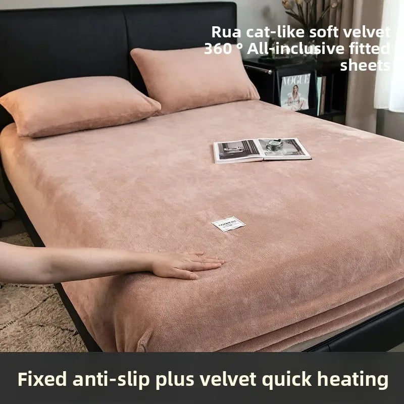 Cozy Coral Fleece Bed Sheet Set - Thermal Elastic Mattress Cover, Winter Luxury Double Size Bedding for Cold Nights