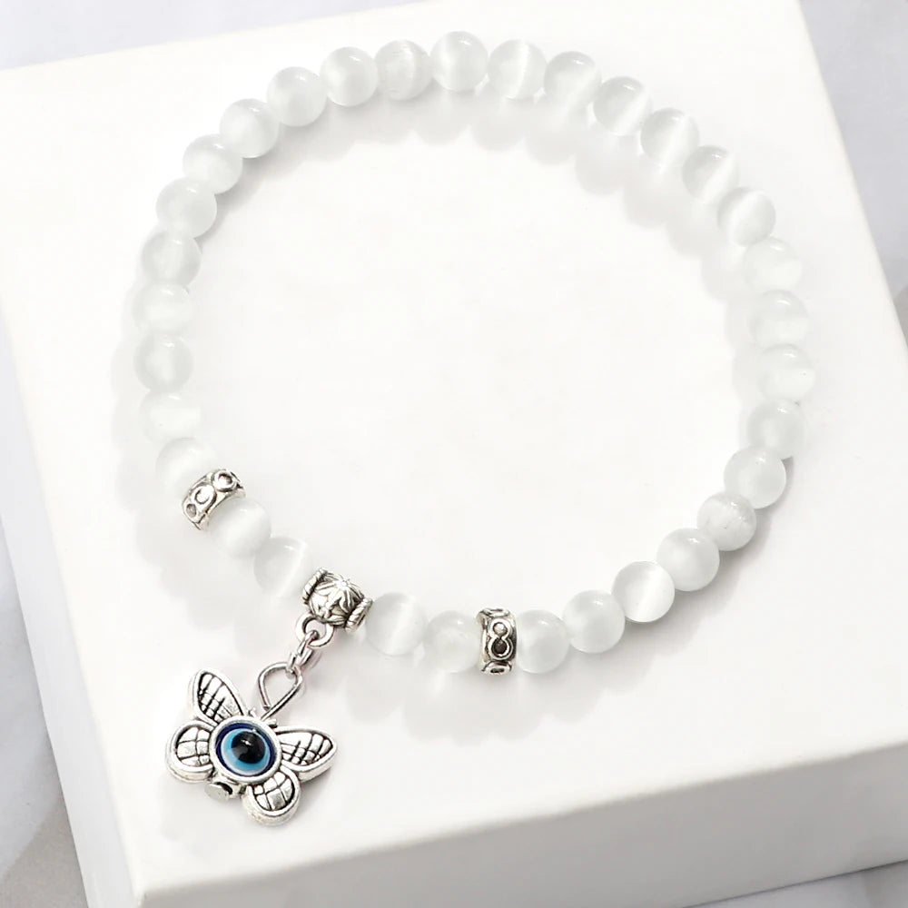 6 8mm Natural Cat Eye Stone Bracelet White Opal Beads Butterfly Hand Of Fatima Women Bracelets & Bangles Lucky Evil Eye Jewelry