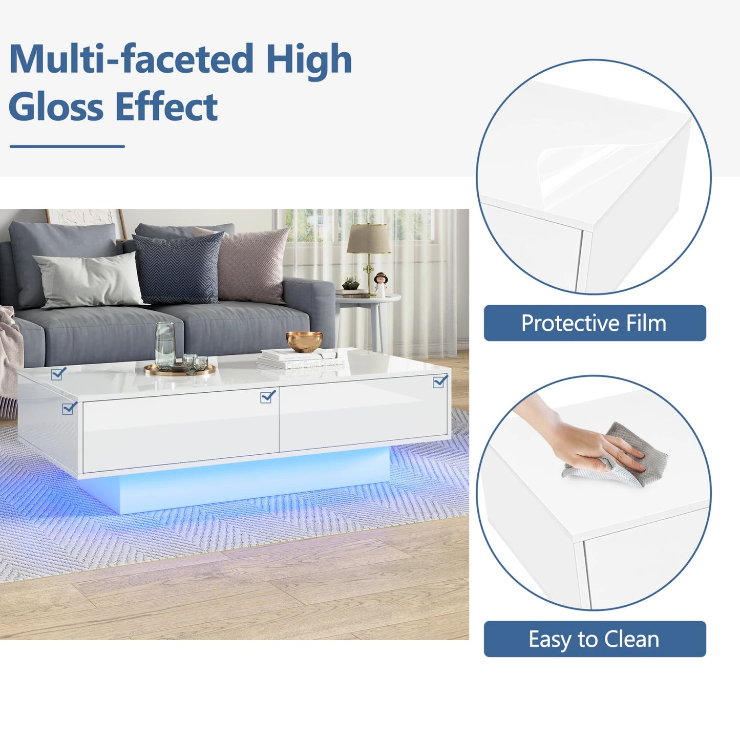 Smart LED Lighting with APP Bluetooth Control Tea Table , White High Gloss Coffee Table With 2 Drawers, Modern Rectangular Table