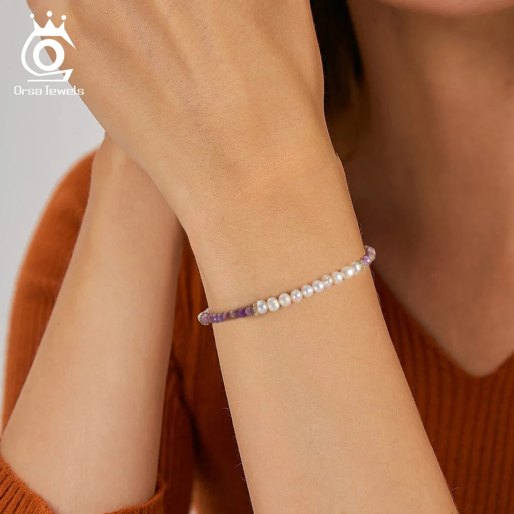ORSA JEWELS 14K Gold 925 Sterling Silver Purple Mica Chain Bracelet with Exquisite Natural Pearl for Women Jewelry MPB02
