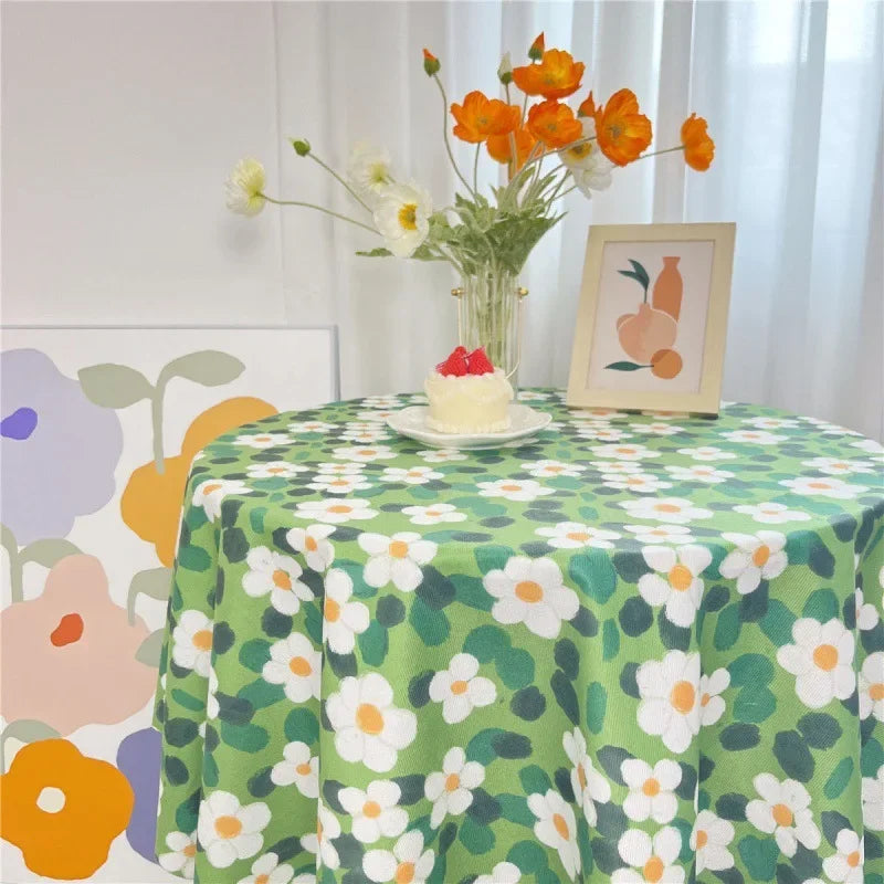 Korean Style Round Lattice Flower Tablecloth Floral Table Cloth for Dining Table Tea Coffee Table Cover Picnic Kitchen Decor