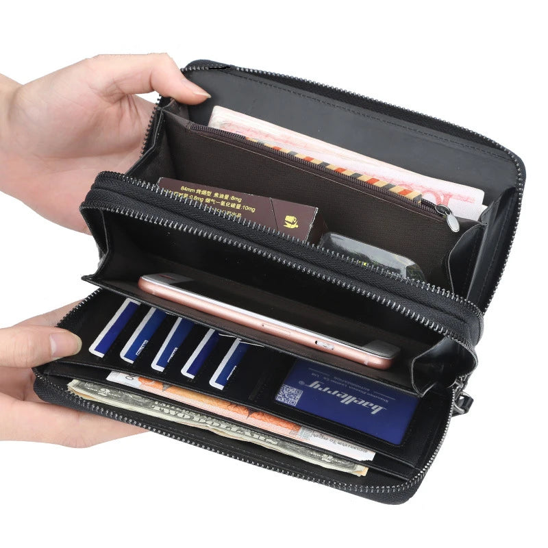 RFID Women's Black Wallet Made of Genuine Leather Large Plaid Zipper Coin Purse Long Wristband Money Clip Clutch Bag Card Holder