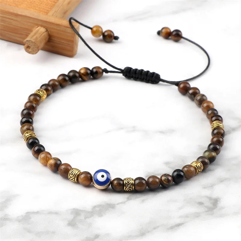 Lucky Evil Eye Bracelet Men Natural Stone 4mm Tiger Eye Lava Agates Beads Adjustable Braided Bracelets&Bangles Jewelry for Women