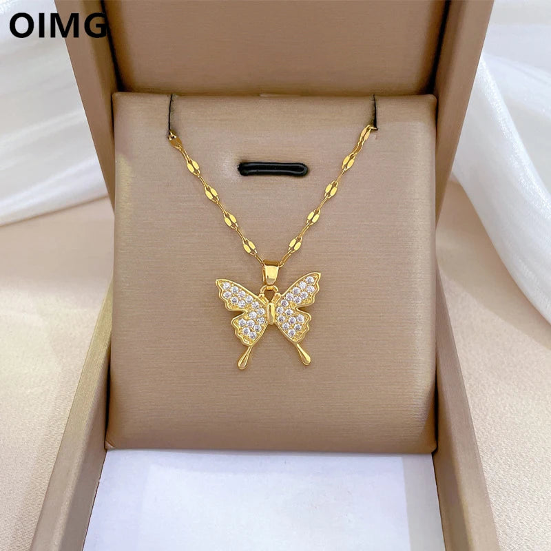 OIMG 316L Stainless Steel Gold Plated Charm Rhinestone Butterfly Pendant Neckalce For Women Girls Wedding Party Elegant Jewelry