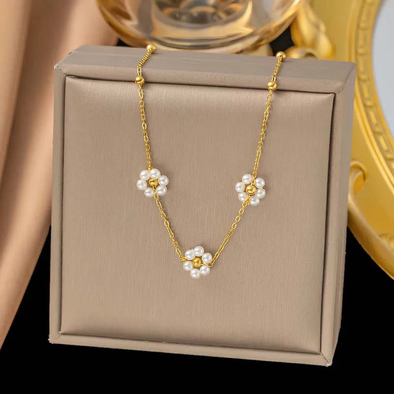 Hemasa Stainless Steel Gold Color Pearl Flower Necklace For Women / Handmade Pearl  Beaded Necklaces Wedding Jewelry