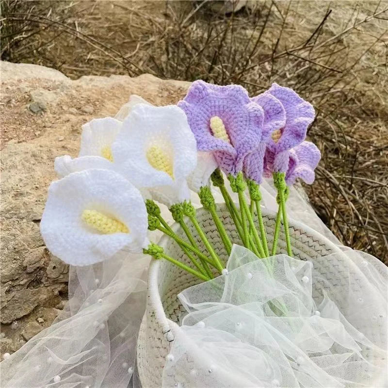 Hemasa  4Pcs Handmade Crochet Flowers Hand-knitted Calla Lily Artificial Flower Fake Flower Bouquet Wedding Decoration Home Decor