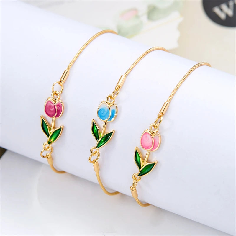 Korean Tulip Bracelet For Women Elegant Colorful Enamel Flower Wristband Bracelet Fashion Lover Friendship Jewelry Wholesale