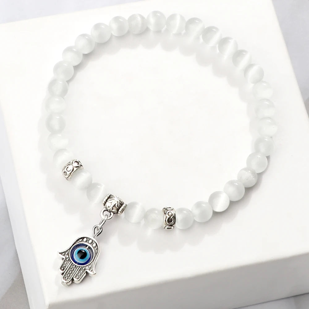 6 8mm Natural Cat Eye Stone Bracelet White Opal Beads Butterfly Hand Of Fatima Women Bracelets & Bangles Lucky Evil Eye Jewelry