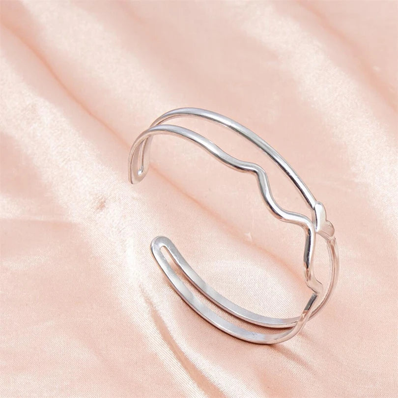Minimalist Stainless Steel Line Wave Heart Double Layer Open Bracelet Charm Date Party Jewelry Gift Bracelets for Women Bangle