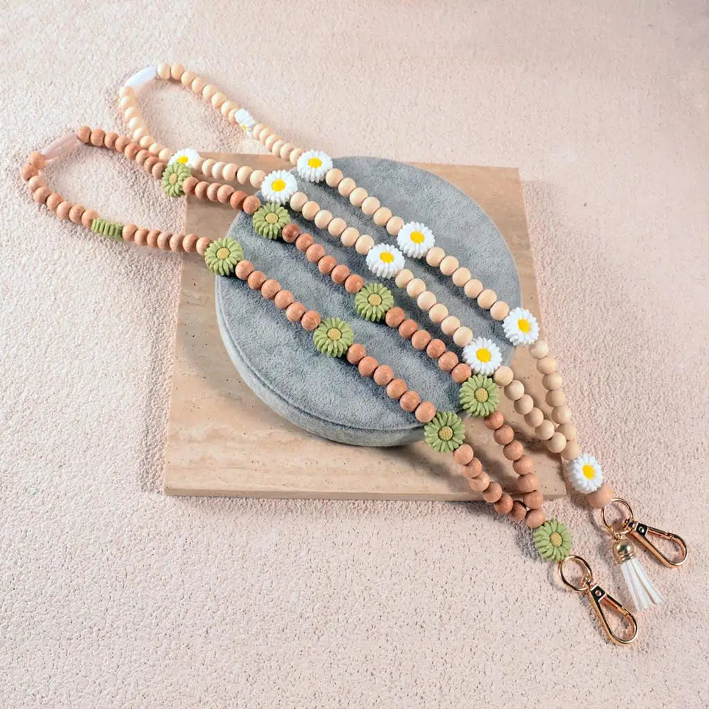 Hemasa Silicone  Daisy with  Wood Bead s Teacher Lanyard for Keys Or ID Badge Pendant Personalized Teache Appreciation Charm Gift
