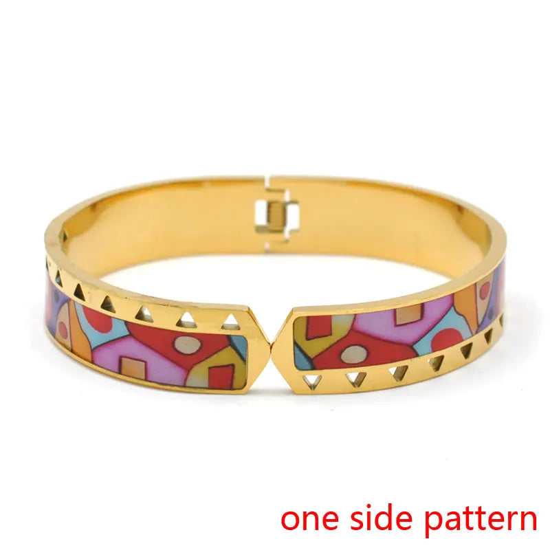 Hemasa Stainless Steel Open Bangle For Women Gold Geometric Colorful Enamel Painted Bracelet
