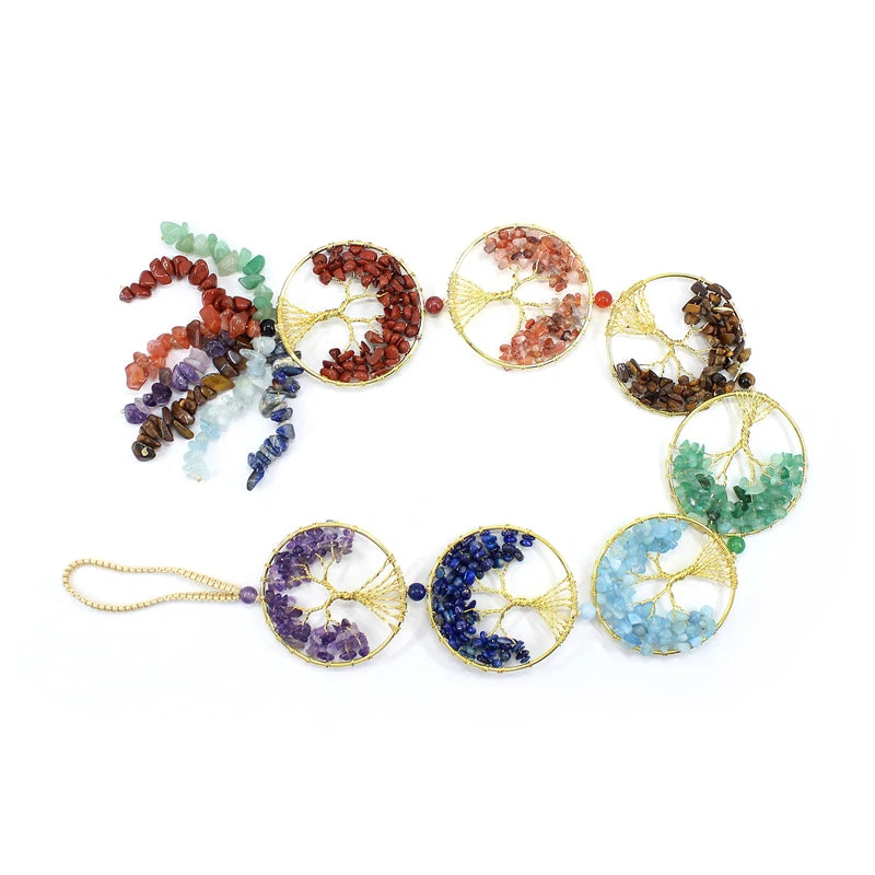 Natural Stone 7 Chakra Life Of Tree Colorful Irregular Crystal Quartz Car Hanging Decoration Charm Healing Amulet Fengshui
