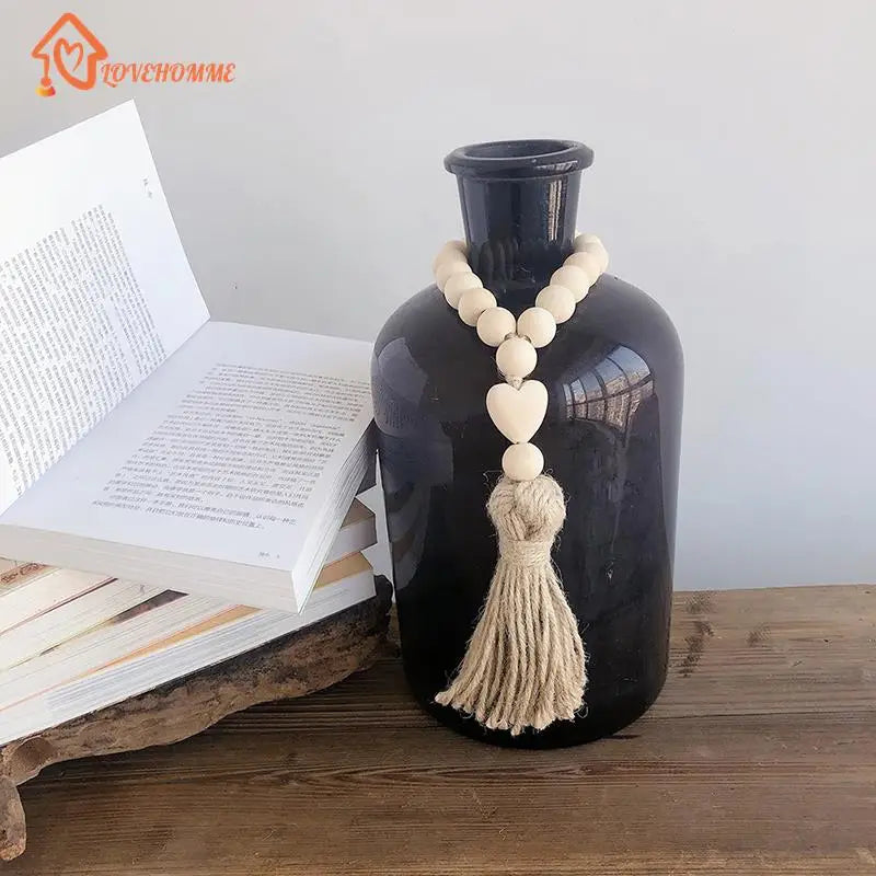 1Pc Log Color Wood Bead Garland Rustic Wall Hanging Hemp Rope Tassel Beaded with Heart Knot Woven Pendant Home Decoration