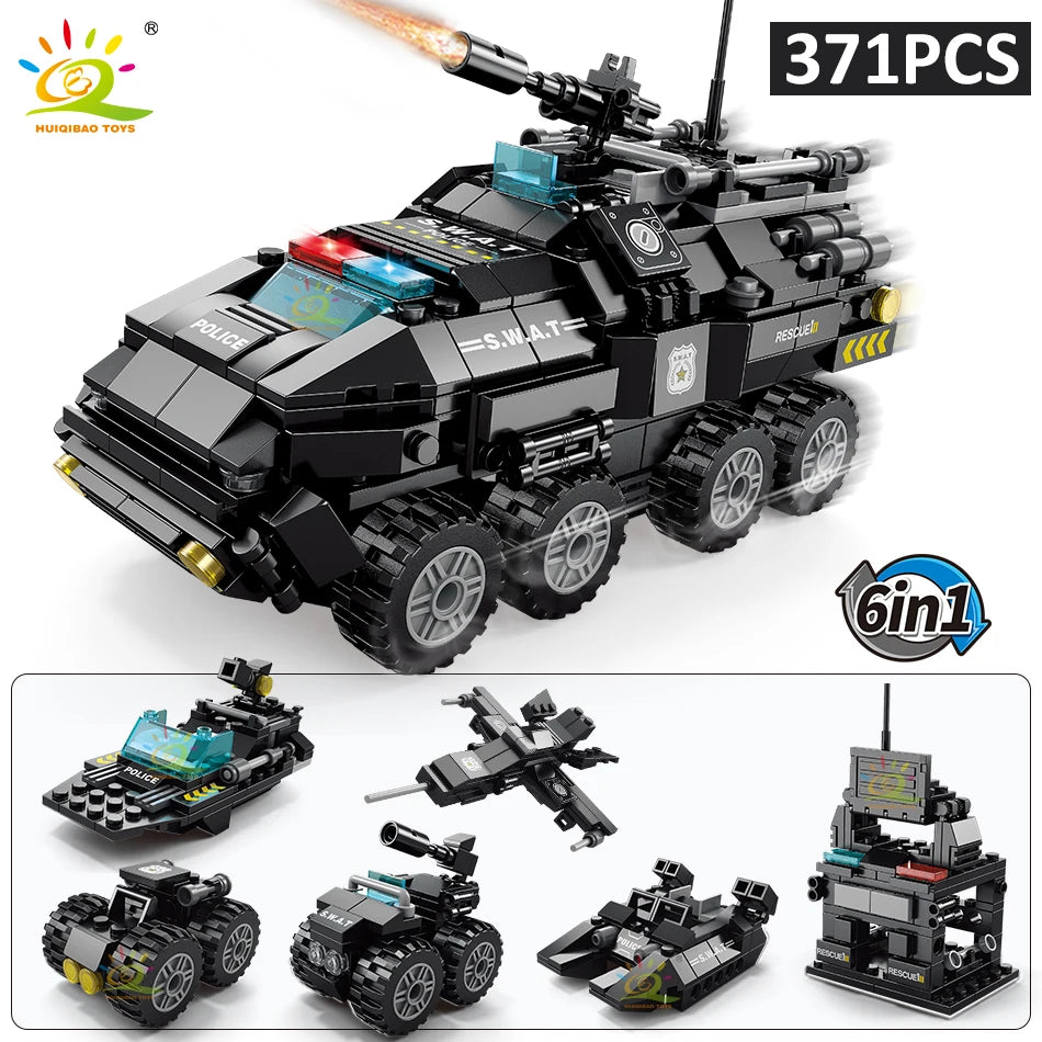 HUIQIBAO 371pcs 6in1 SWAT Police Truck Building Blocks City Construction Plane Car Bricks Set For Children Toys Kids Gift