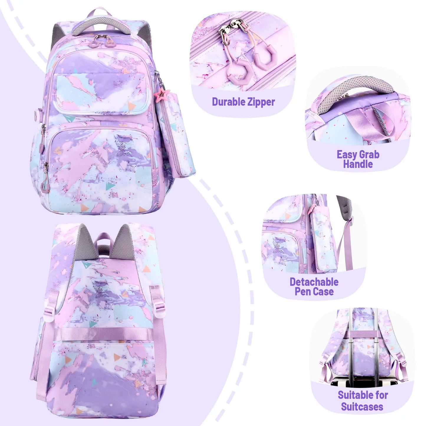School Backpack for Girls Teens Kids Elementary School 3 Pieces Lightweight Backpack with Lunch Bag and Pencil Case