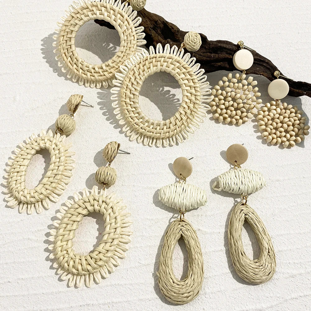 Lifefontier Handmade Woven Raffia Geometric Drop Earrings For Women Oversize Flower Beach Dangle Earring Jewelry Wholesale 2023