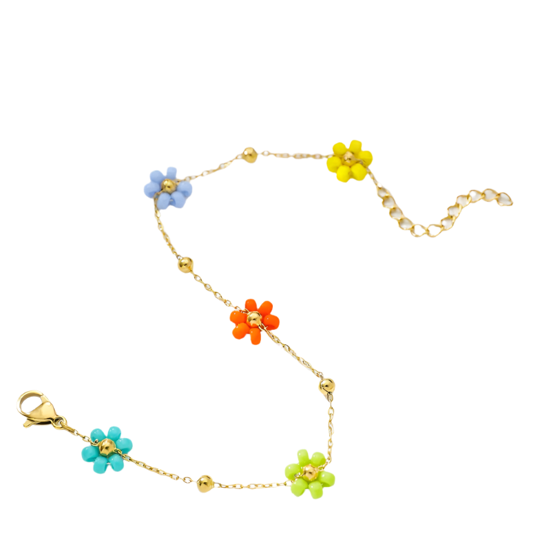 Hemasa Sweet Multicolor Small Flower Charm Bracelet For Women /Korean Summer Flower Gold Chain Small Gold Color Ball Adjustable Bracelet
