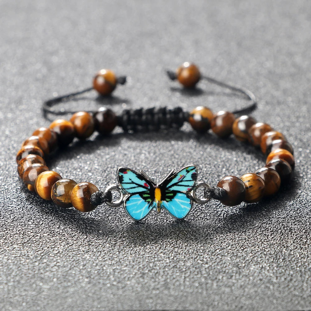 6mm Natural Stone Fashion Bracelet for Women Blue Butterfly Pendant Charm Bangles Agates Tiger Eye Lava Beads Bracelets Jewelry