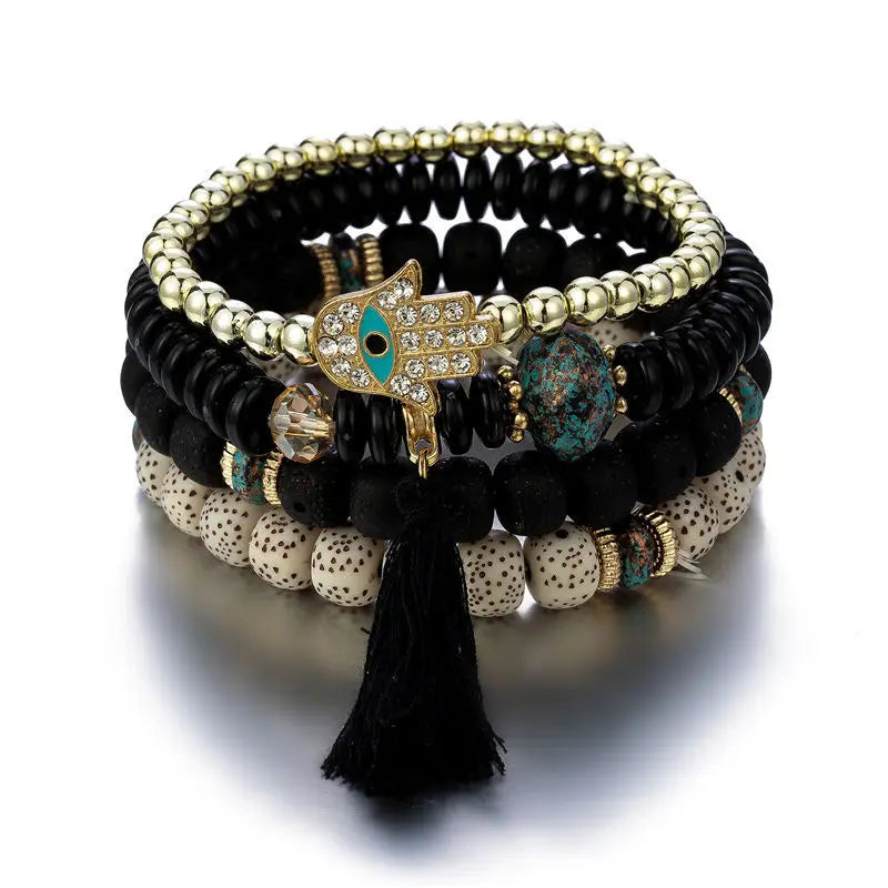 Hemasa Evil Eye Tassel Bracelet Set For Women / Stone Beads Chain Bangle Female Bohemian Jewelry Gift