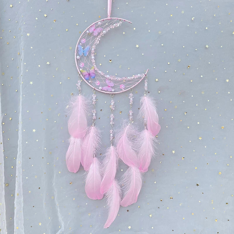 Hemasa Pink Feather Butterfly Wind Chimes Dream Catcher Handmade Living Room Hanging Ornaments Wall Pendant Festival Party Gifts