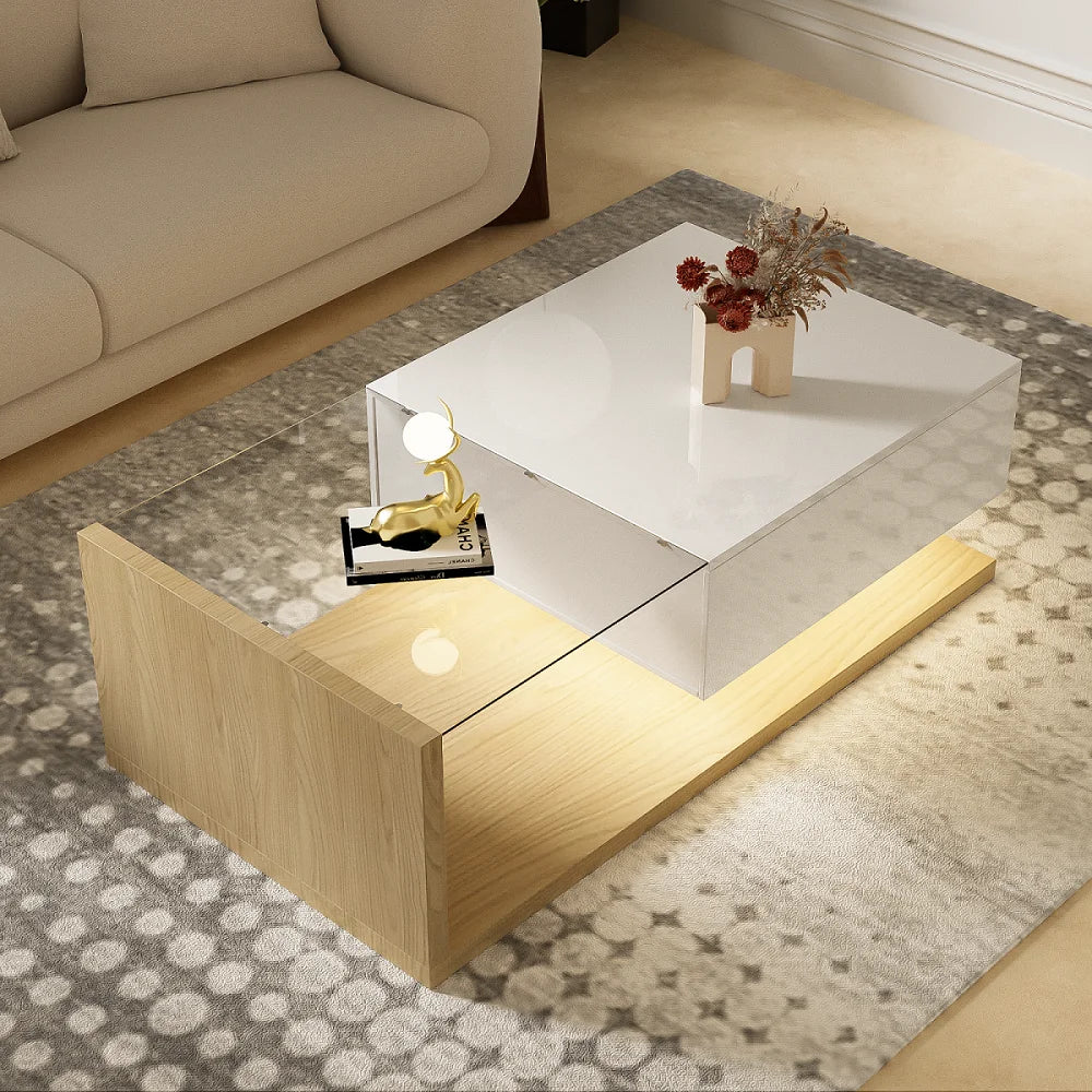 Coffee Tables With Glass And LED Living Room Coffee Table In High Gloss White And Wood Color Combination. Side Tables