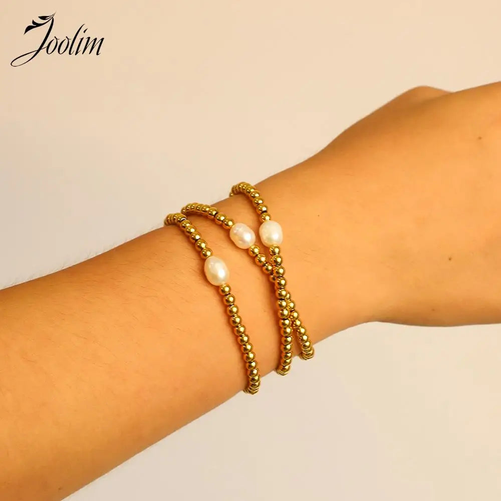 Joolim Jewelry Wholesale High End PVD No Fade Dainty Beads Pave Chain Stretchy Pearl Pendant Stainless Steel Bracelet for Women