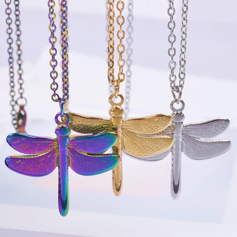 Hot Sale Dragonfly Rainbow Charms Stainless Stee Pendant Punk Necklace for Women/Men Choker Long Chain Female Jewelry Gifts