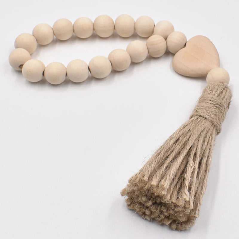 1Pc Log Color Wood Bead Garland Rustic Wall Hanging Hemp Rope Tassel Beaded With Heart Knot Woven Pendant Home Decoration