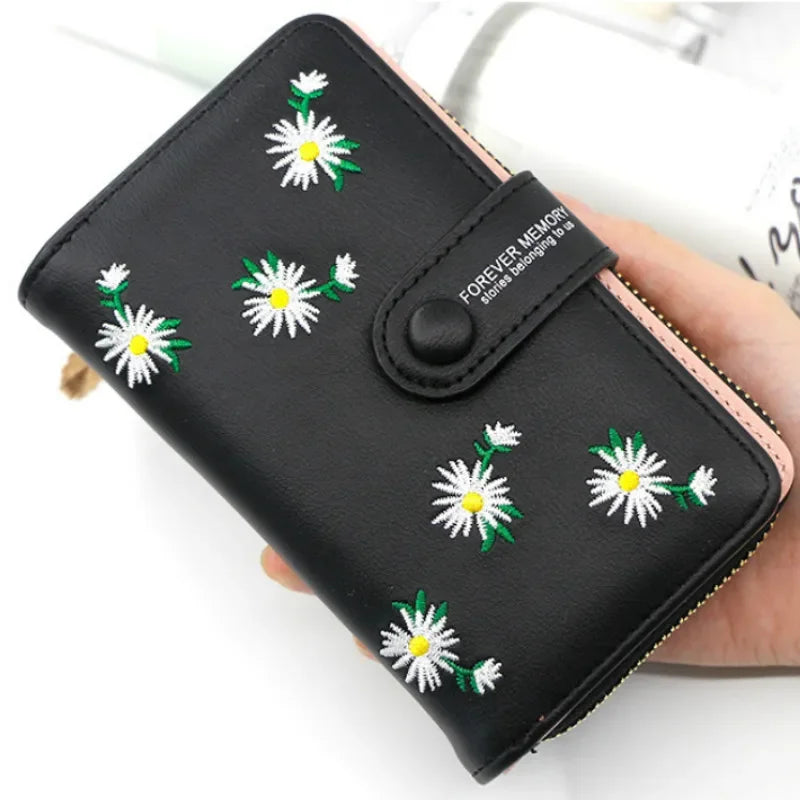 Women Long Wallets 2021 Fashion Design Embroidery Daisy Card Holder Large-Capacity PU Coin Purse Simple Zipper Money Bag Wallets