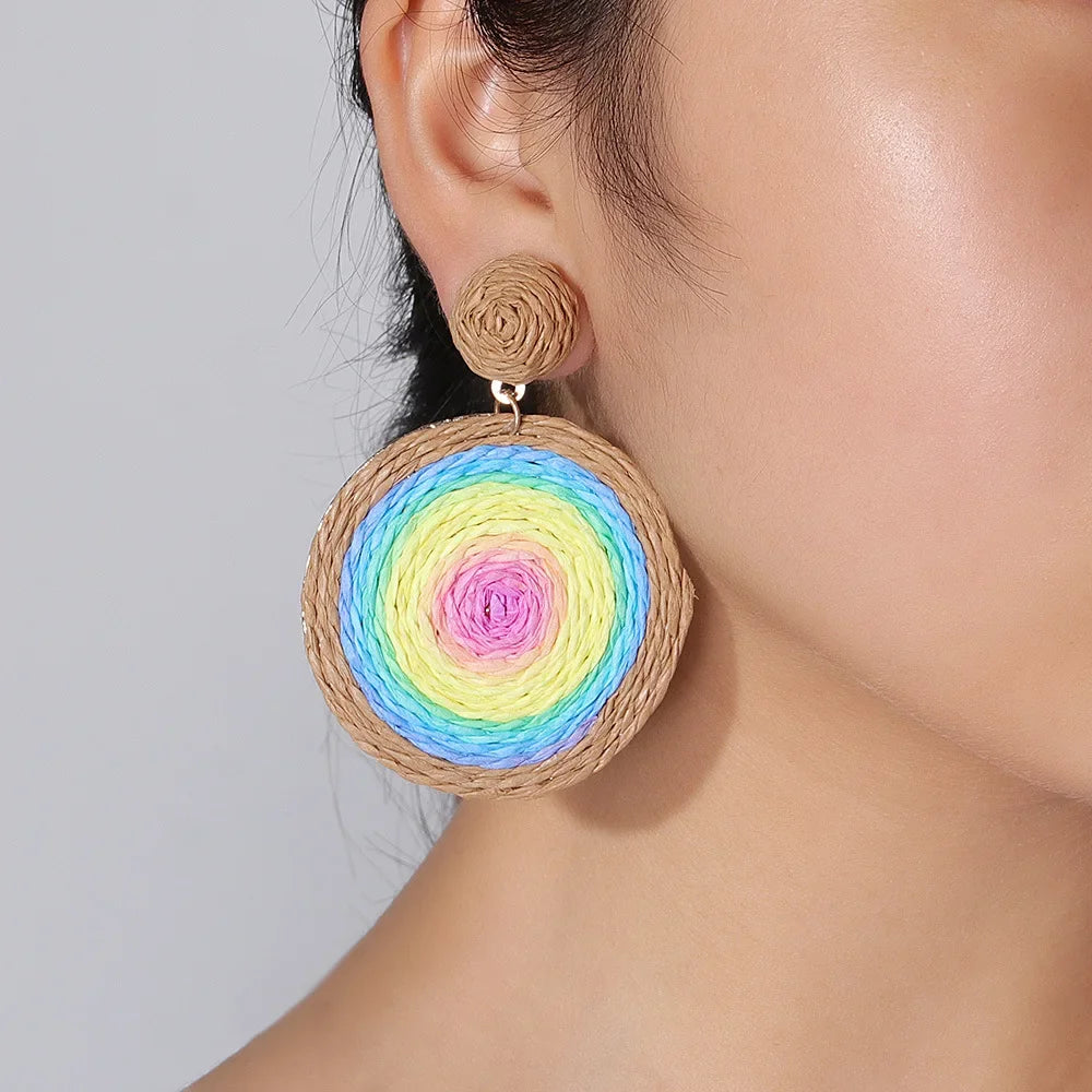 New Summer Color Hand-woven Raffia Earrings Europe and The United States Exaggerated Round Woven Rattan Earpiece Women