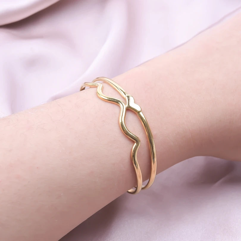 Minimalist Stainless Steel Line Wave Heart Double Layer Open Bracelet Charm Date Party Jewelry Gift Bracelets for Women Bangle