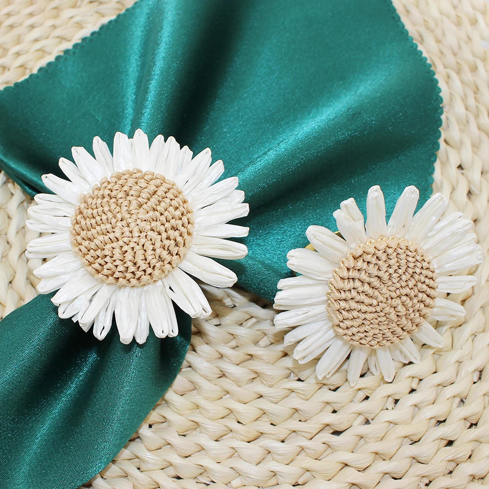8PCS Sunflower Napkin Ring Raffia Handmade Daisy Flower Napkin Holder for Valentine Wedding Thanksgiving Party Table Decor HWF77