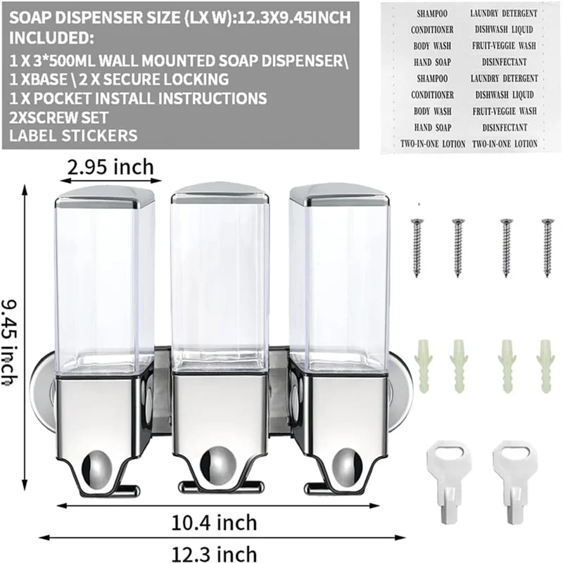 Hemasa 3In1 Chamber Wall Mounted Bathroom Shower Pump Dispenser And Organizer,Holds Shampoo, Shower Gel, For Bathroom Hotel