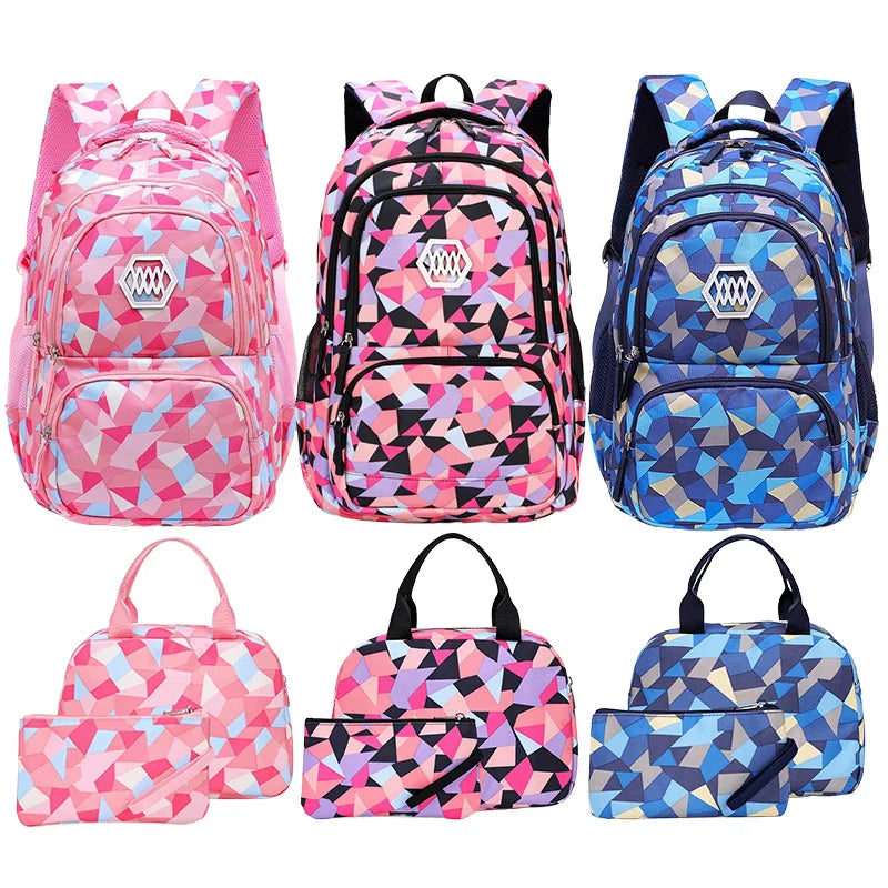 Primary Girl School Backpacks Set 3Pcs Middle Student Schoolbag Lunchbox Coin Bag Large Capacity Combination Children School Bag