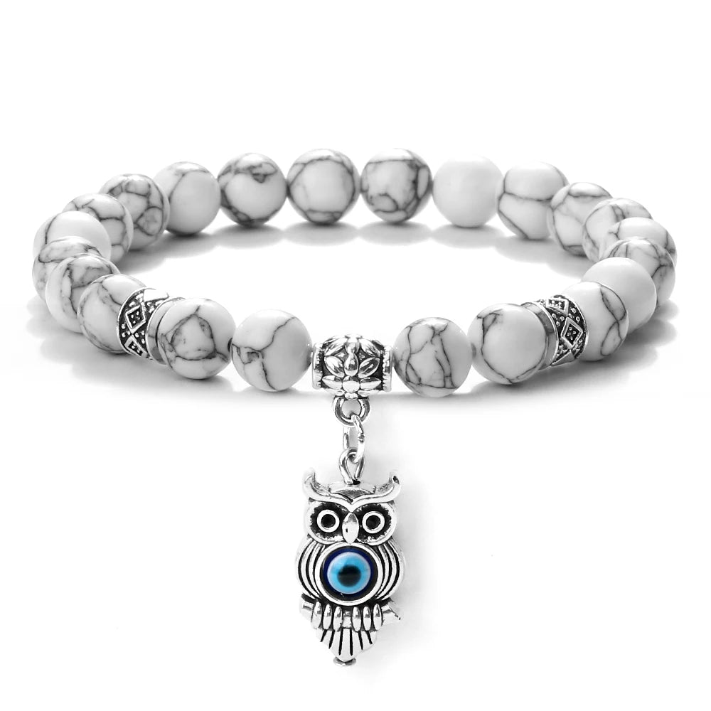 6 8mm Chakra Beads Men Bracelets Charm Owl Evil Eye Pendant Classic Tiger Eye Stone Agate Quartz Malachite Women Yoga Jewelry