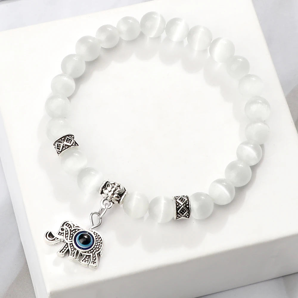 6 8mm Natural Cat Eye Stone Bracelet White Opal Beads Butterfly Hand Of Fatima Women Bracelets & Bangles Lucky Evil Eye Jewelry