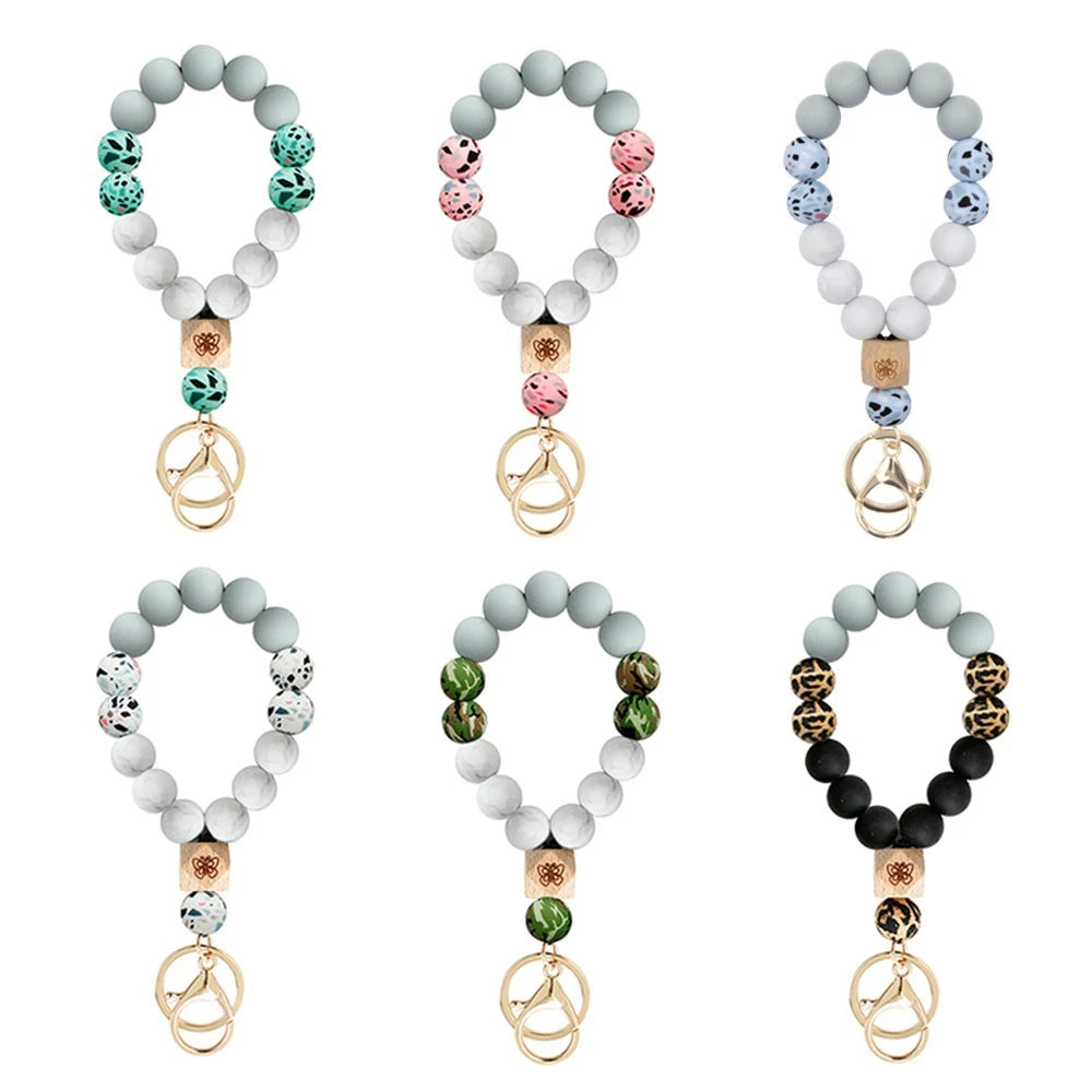 Silicone Wristlet Keychain Bracelet Car Beaded Key Ring Silicone Keychain Beaded Bangle for Women - E