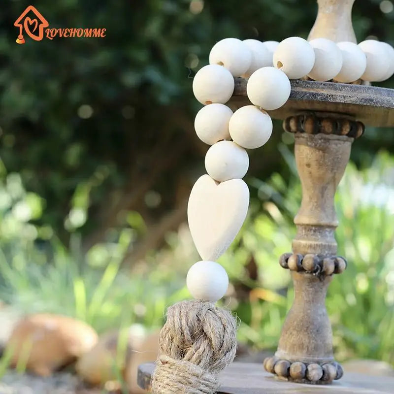 1Pc Log Color Wood Bead Garland Rustic Wall Hanging Hemp Rope Tassel Beaded with Heart Knot Woven Pendant Home Decoration