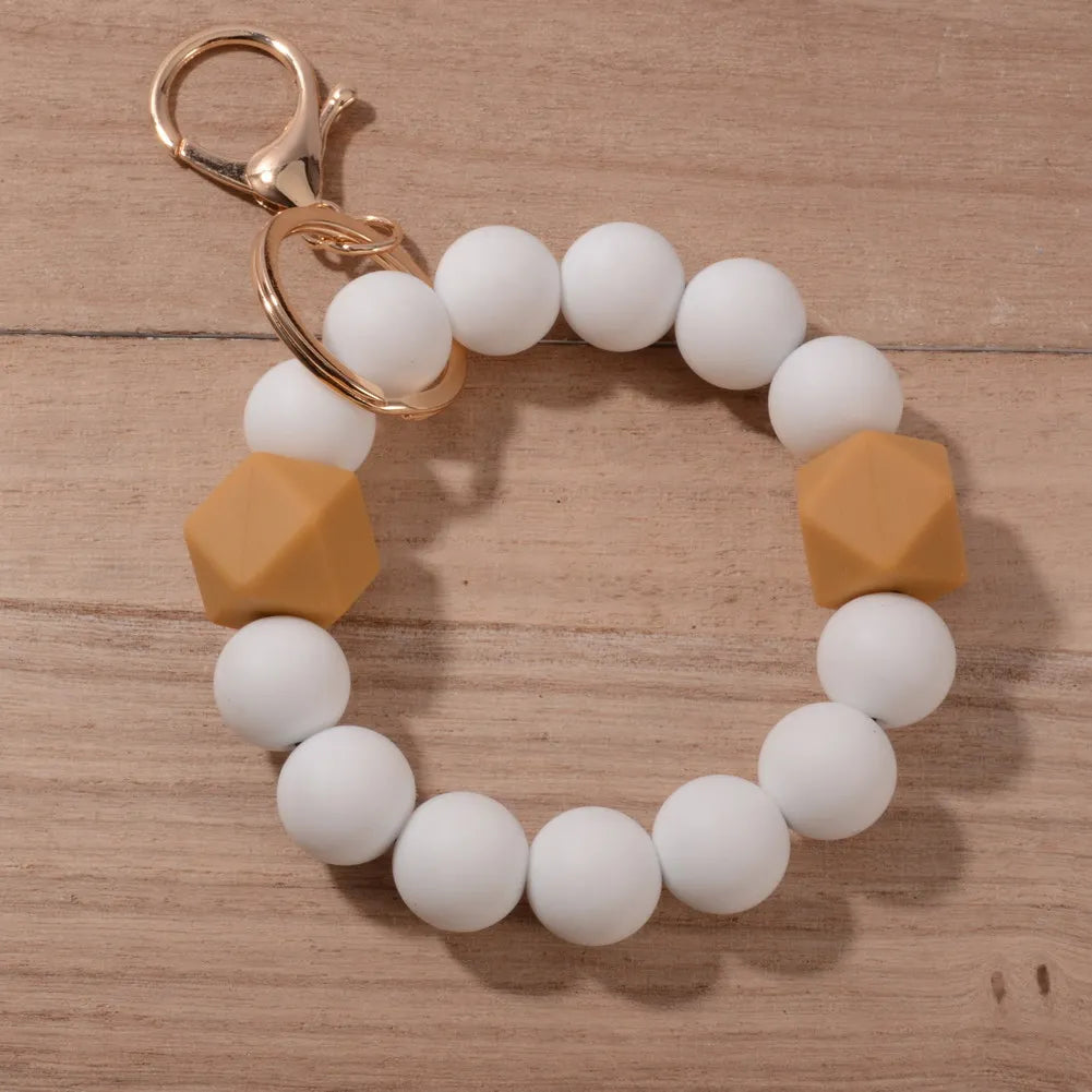 New Design Luxury Camouflage Silicone Bead Wrist Keychain Women Wood Bead Bracelet Keyrain For Car Keys Bag Pendant Friends Gift
