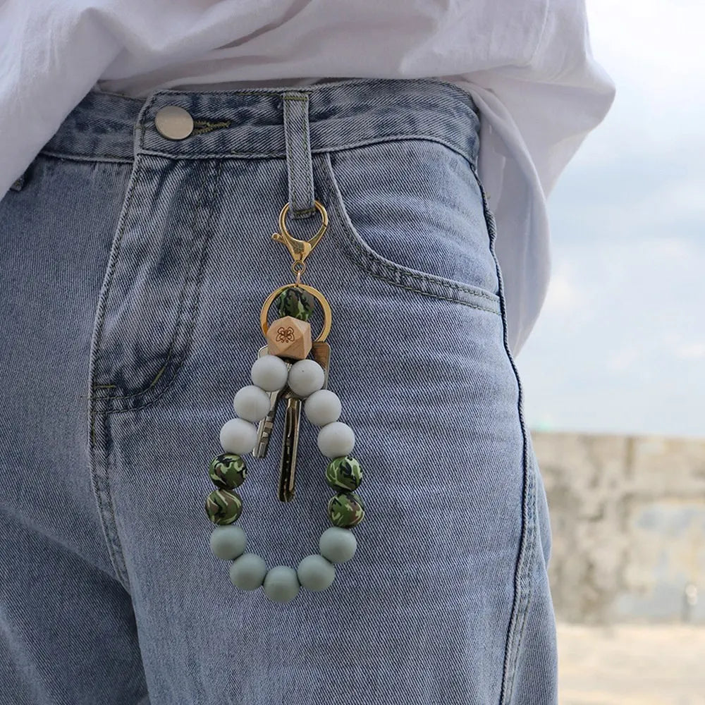 Silicone Wristlet Keychain Bracelet Car Beaded Key Ring Silicone Keychain Beaded Bangle for Women - E