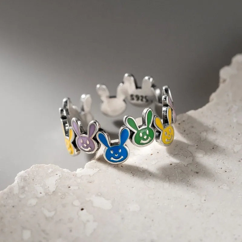 Buyee 925 Sterling Silver Cute Ring Finger Simple Candy Rabbit Animal Open Ring for Woman Girl Fashion Party Fine Jewelry Circle