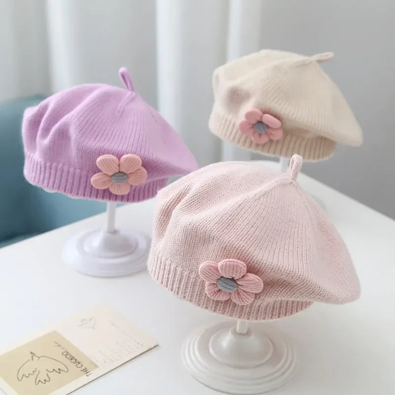 Baby Floral Beret Hat Knitted Woolen Beanie Hat Autumn Winter Warm Artist Painter Cap Princess Style Kids Girls Flower Beret Hat